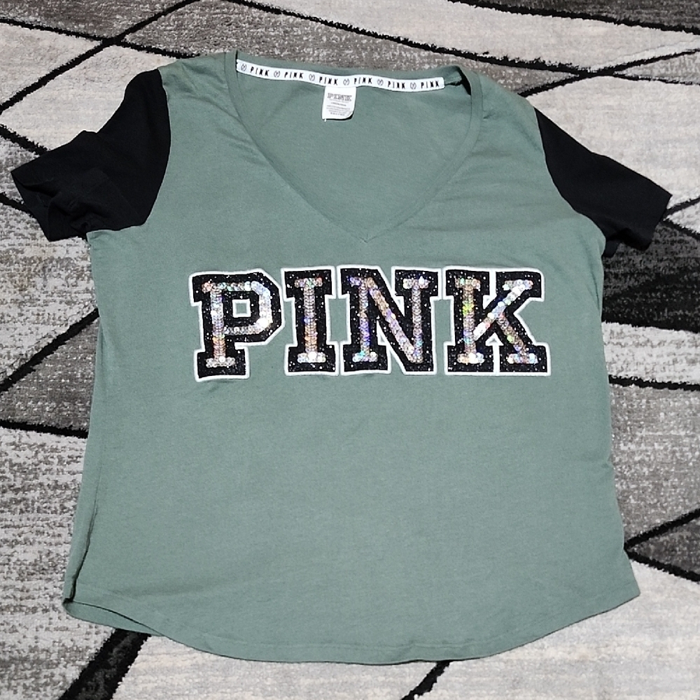VS PINK 2017 SEQUINS SOFT BEGONIA COLOR-BLOCK V-NECK SHORT-SLEEVE TEE-SHIRT